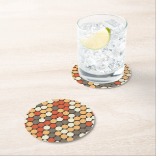 Retro dots pattern in orange tones round paper coaster