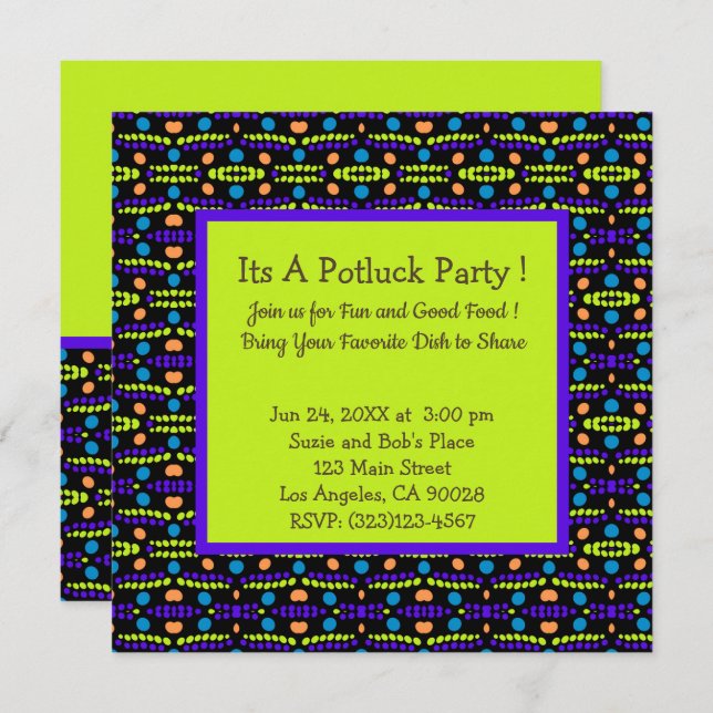 Retro Dots Pattern Purple Yellow Orange Potluck Invitation (Front/Back)