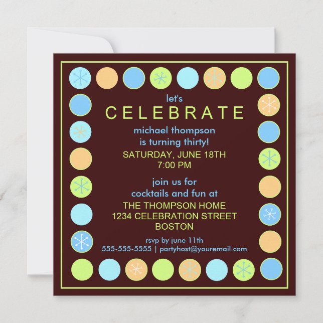 Retro Dots & Stars Birthday Party Invitation (Front)