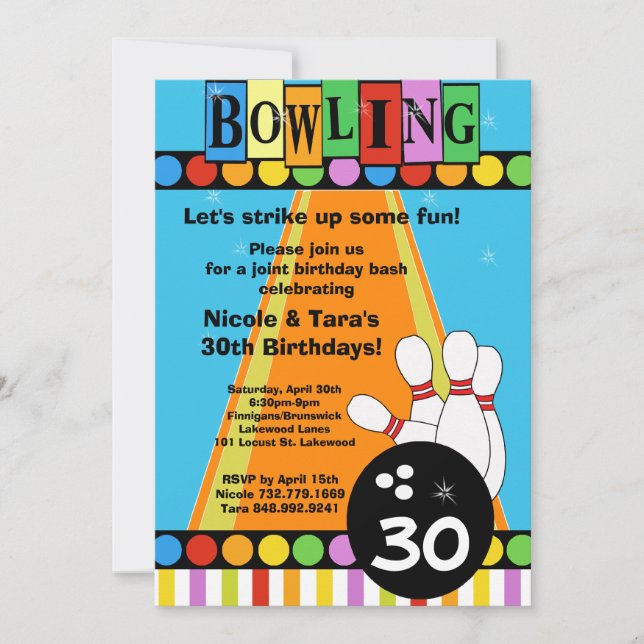 Retro Dots & Stripes Birthday Bowling Party Invite (Front)