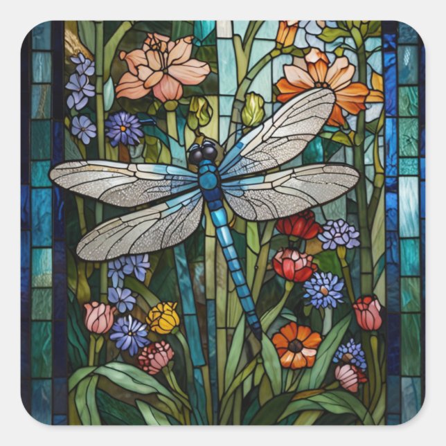 Retro Dragonfly boho floral botanical stain glass Square Sticker (Front)