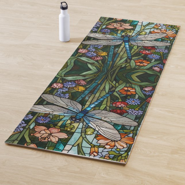 Retro Dragonfly boho floral botanical stain glass Yoga Mat (In Situ)