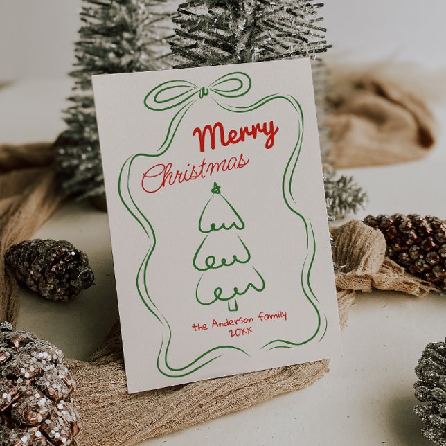 Retro Drawn Red Green Christmas Tree Bow Non-Photo Holiday Card (Creator Uploaded)