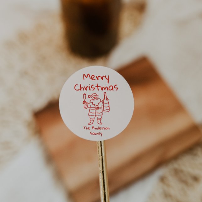 Retro Drawn Red Santa Claus Merry Christmas Classic Round Sticker (Creator Uploaded)