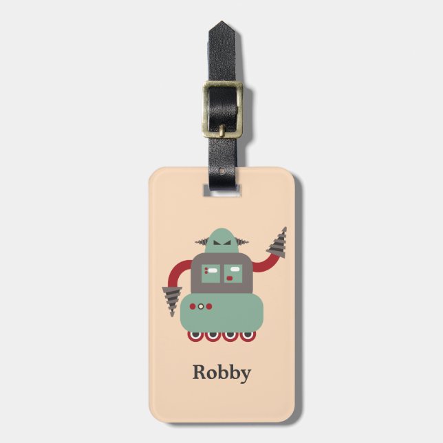 Retro Driller Robot Personalised Luggage Tag (Front Vertical)