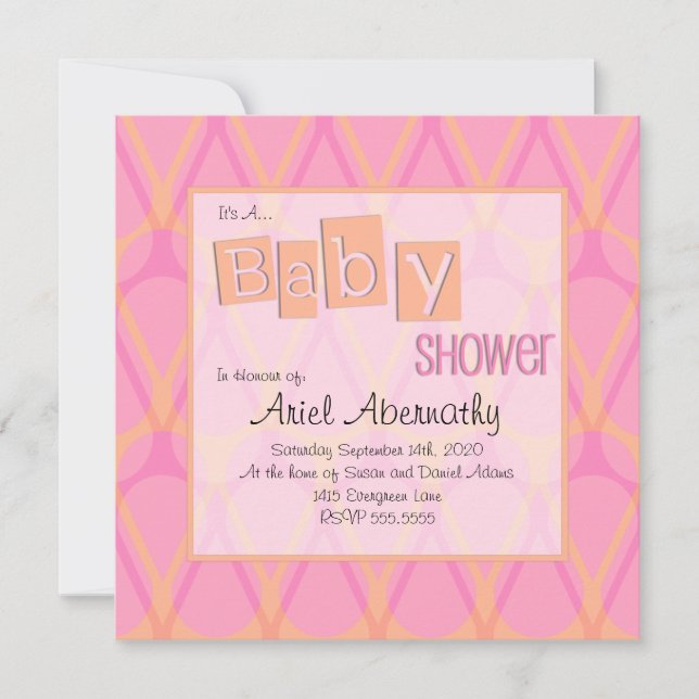 Retro Drop Baby Shower Invitations - Pink & Orange (Front)