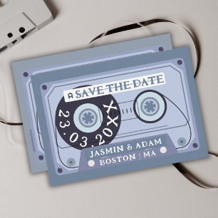 Retro Dusty Blue Cassette Tape Save The Date