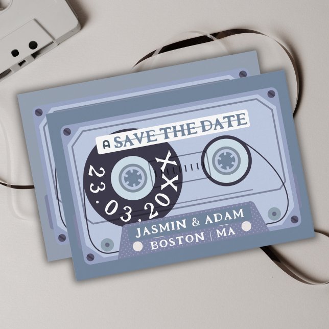 Retro Dusty Blue Cassette Tape Save The Date (Creator Uploaded)