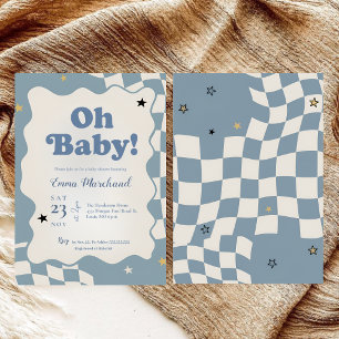 Retro Dusty Blue Checkered Oh Baby Baby Shower Invitation