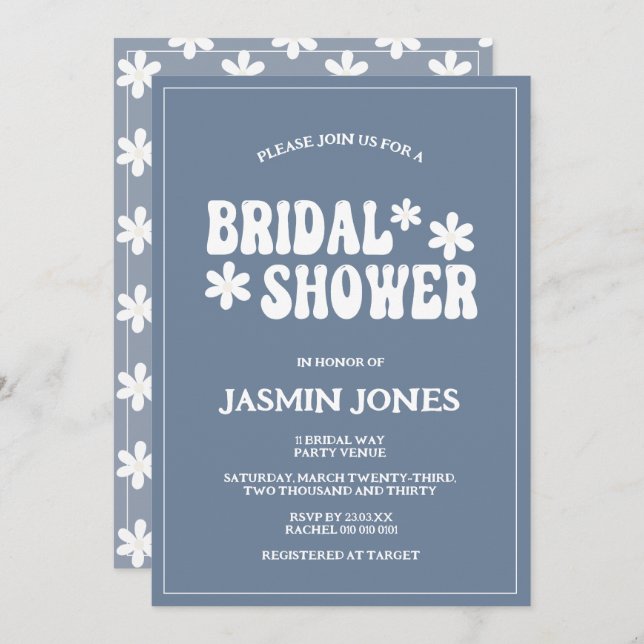 Retro Dusty Blue Daisy Flower Bridal Shower  Invitation (Front/Back)