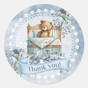 Retro dusty blue flowers teddy bear boy birthday classic round sticker