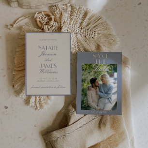 Retro Dusty Blue Old Money Classic Photo Wedding Save The Date