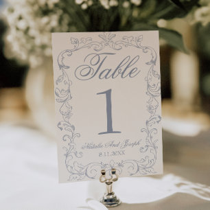 Retro Dusty Blue Old Money Wedding Table Number