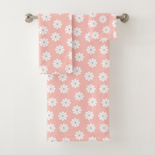 Retro Dusty Pink White Daisy Floral Bath Towel Set