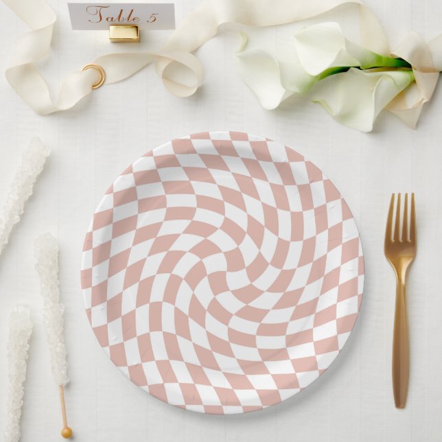 Retro Dusty Rose Sand Pink Checks Chequered     Paper Plate (Wedding)