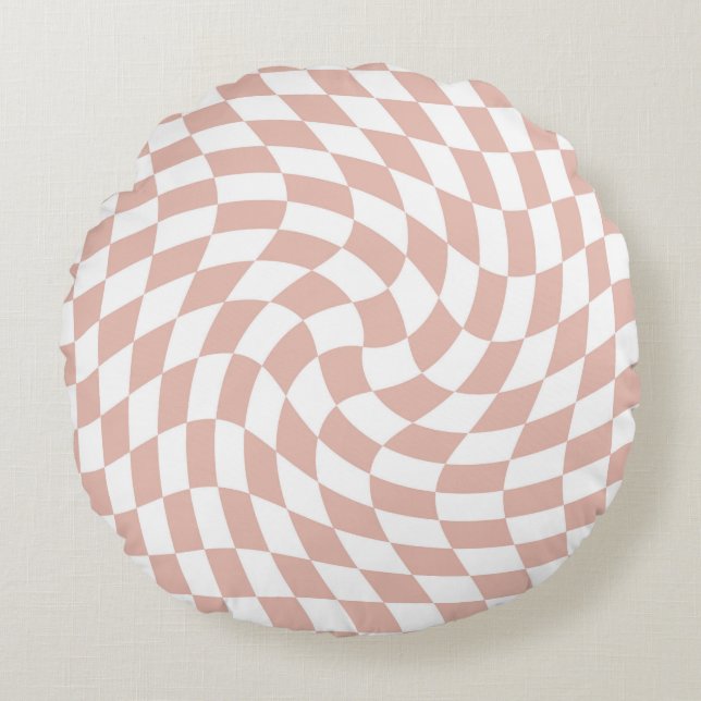 Retro Dusty Sand Rose Warped Check Chequered    Round Cushion (Front)