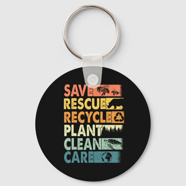 Retro Earth Day Save Bees Rescue Animals Recycle P Key Ring (Front)