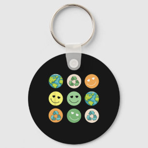 Retro Earth Day Smile Reduce Reuse Recycle Respect Key Ring