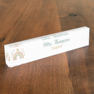 Retro Earthy Colours Rainbow and Sun Teacher Nameplate