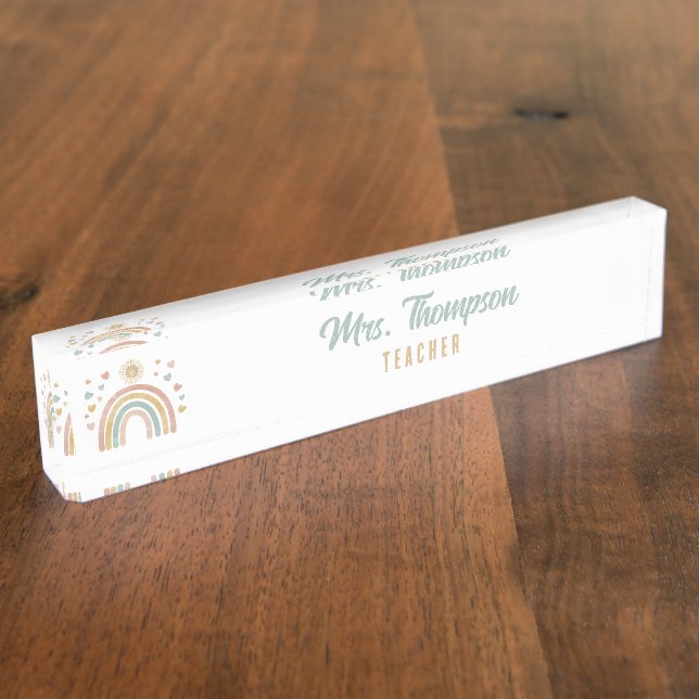 Retro Earthy Colours Rainbow and Sun Teacher Nameplate (Side)