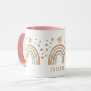 Retro Earthy Colours Rainbow & Sun Name  Mug