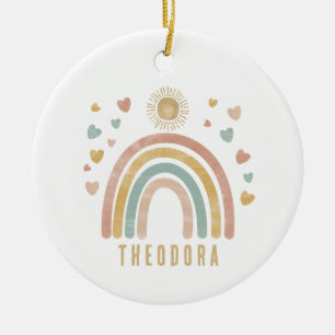 Retro Earthy Colours Watercolor Rainbow and Sun  Ceramic Tree Decoration