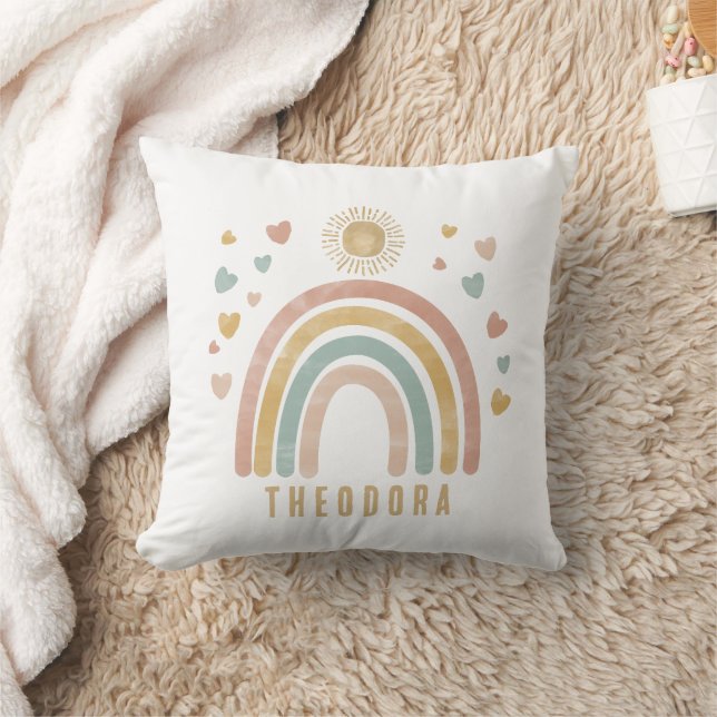 Retro Earthy Colours Watercolor Rainbow and Sun Cushion (Blanket)