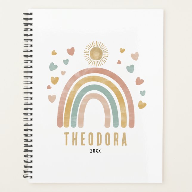 Retro Earthy Colours Watercolor Rainbow and Sun   Planner (Front)