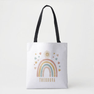 Retro Earthy Colours Watercolor Rainbow and Sun Tote Bag