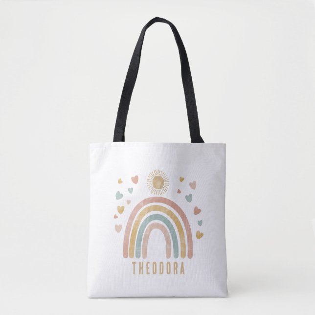 Retro Earthy Colours Watercolor Rainbow and Sun  Tote Bag (Front)