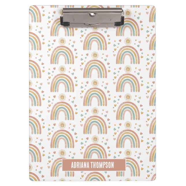 Retro Earthy Colours Watercolor Rainbow Sun Name  Clipboard (Front)