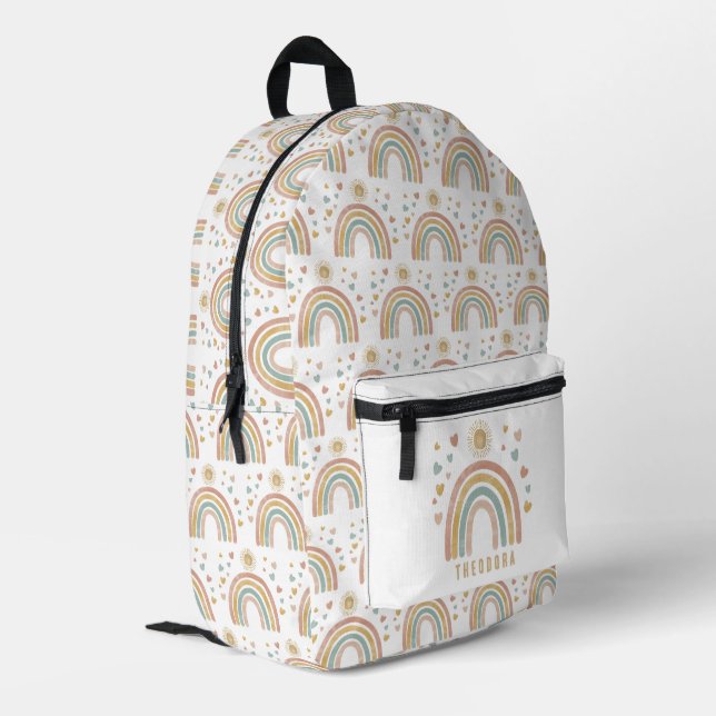 Retro Earthy Colours Watercolor Rainbow & Sun Name Printed Backpack (Back Corner Left)