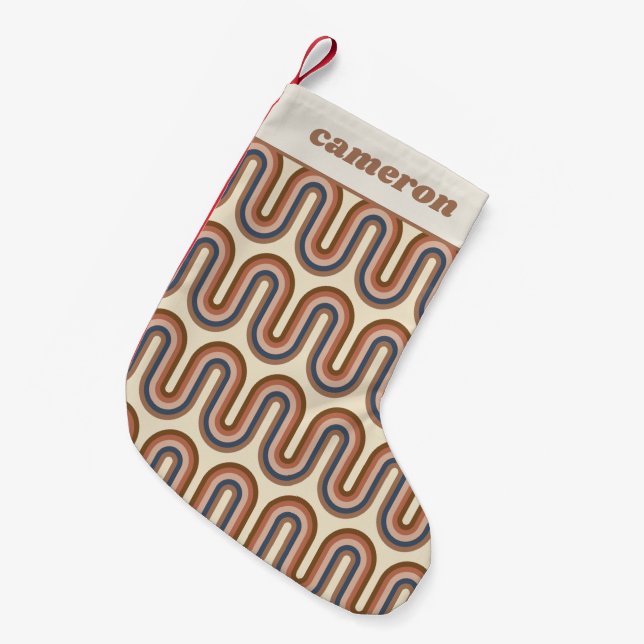 Retro Earthy Wavy Lines in Brown Personalised Name Small Christmas Stocking (Front (Hanging))