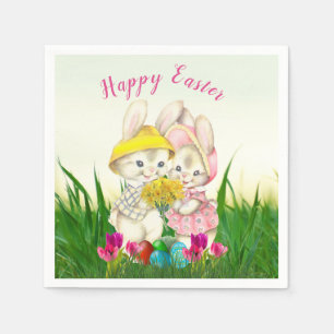 Retro Easter Bunnies with Spring Flowers / Party Napkin