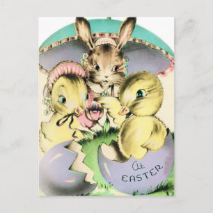 Retro Easter Chicks and Rabbit Postcard