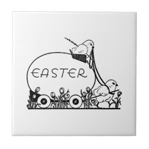 Retro Easter Egg and Chicks Ceramic Tile