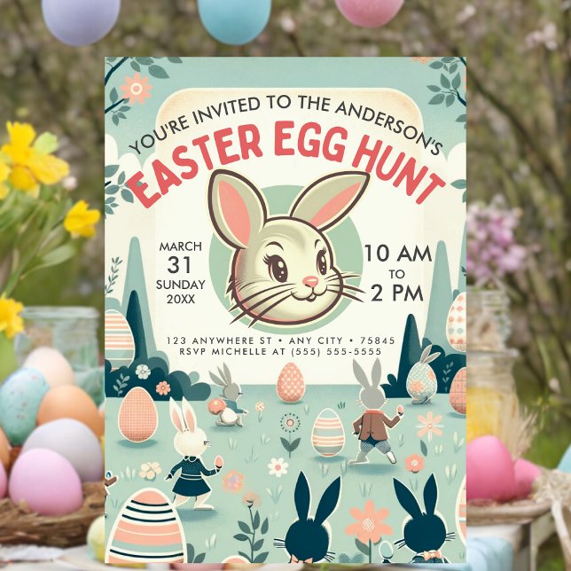 Retro Easter Egg Hunt Invitation (A colorfuli Easter decorated table with a Retro Vintage Easter Egg hunt invitation on the table. )