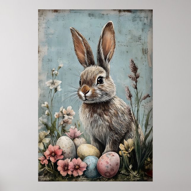 Retro Easter Rabbit Bunny Flower Print, Rustic Poster (Front)