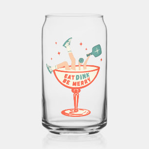 Retro Eat, Dink and Be Merry Pickleball Christmas Can Glass