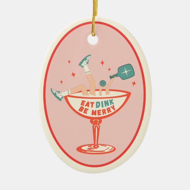 Retro Eat, Dink and Be Merry Pickleball Christmas Ceramic Tree Decoration (Front)