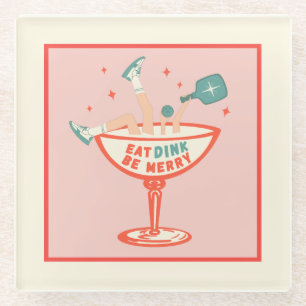 Retro Eat, Dink and Be Merry Pickleball Christmas Glass Coaster