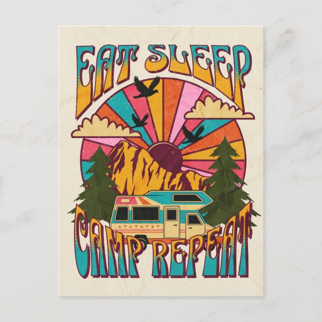 Retro Eat Sleep Camp Repeat Postcard (Front)