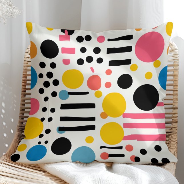 Retro Eclectic Colourful Dots and Lines Cushion (Retro Eclectic Colorful Dots and Lines Throw Pillow in a sunny rattan armchair)