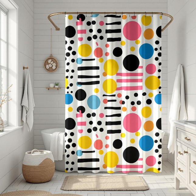 Retro Eclectic Colourful Dots and Lines Shower Curtain (Retro Eclectic Colorful Dots and Lines Shower Curtain on a white boho bathroom.)
