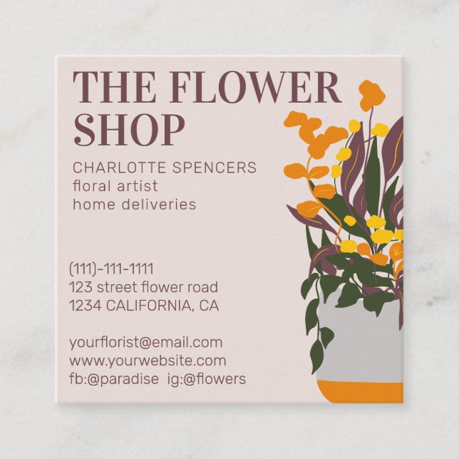 Retro editable floral illustration blush square square business card (Front)