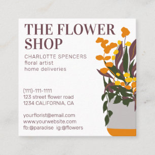 Retro editable  floral illustration florist square business card