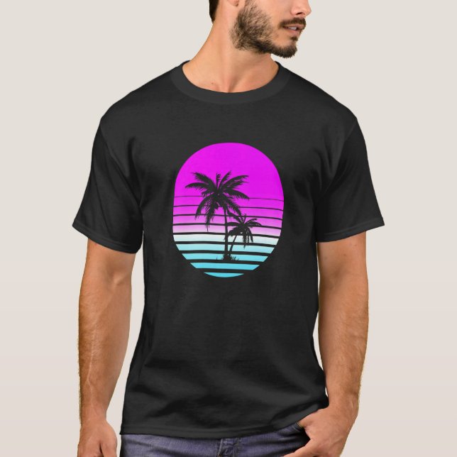 Retro Eighties 80s Vaporwave Sunset Palm Trees Bea T-Shirt (Front)