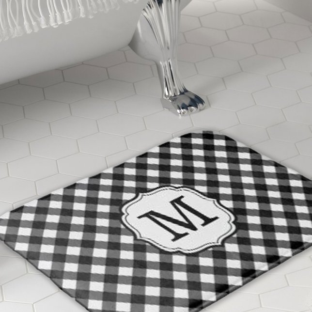 Retro Elagant Personalized Gingham Bath Mat (retro elegant personalized black and white gingham check bath mat)