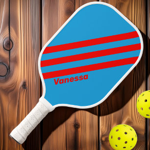 Retro Electric Blue Red Three Stripes with Name Pickleball Paddle