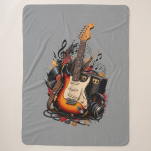 Retro Electric Guitar & Amp Rock Music Grey Sherpa Blanket